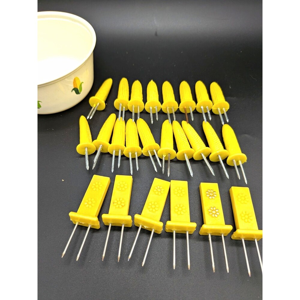 Corn on the Cob Holders/Picks Set Yellow Plastic & Silver Metal Skewers